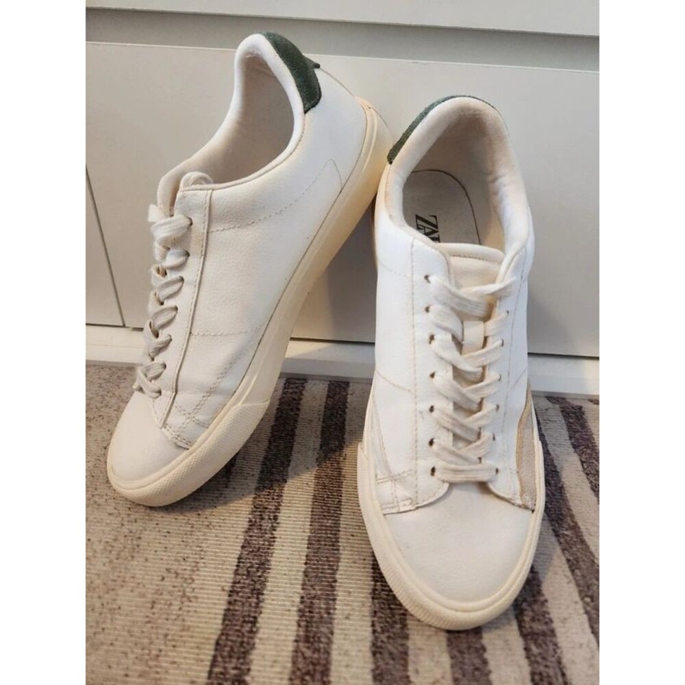 ZARA Off White Leather Contrast Heel Low Top Sneakers Size 40